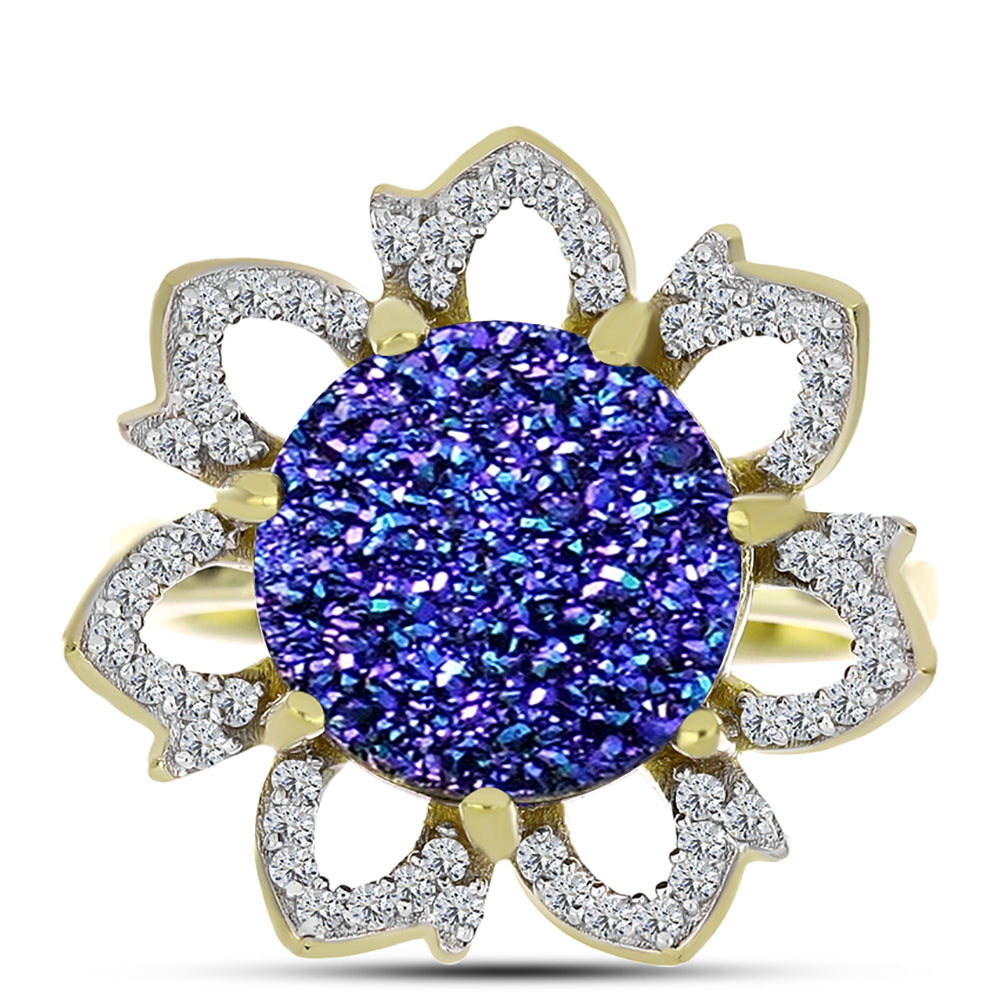 Inel din Argint 925 Placat cu Aur ( 5.56 grame ) cu Drusă Violet și Topaz Alb 6.04 Carate