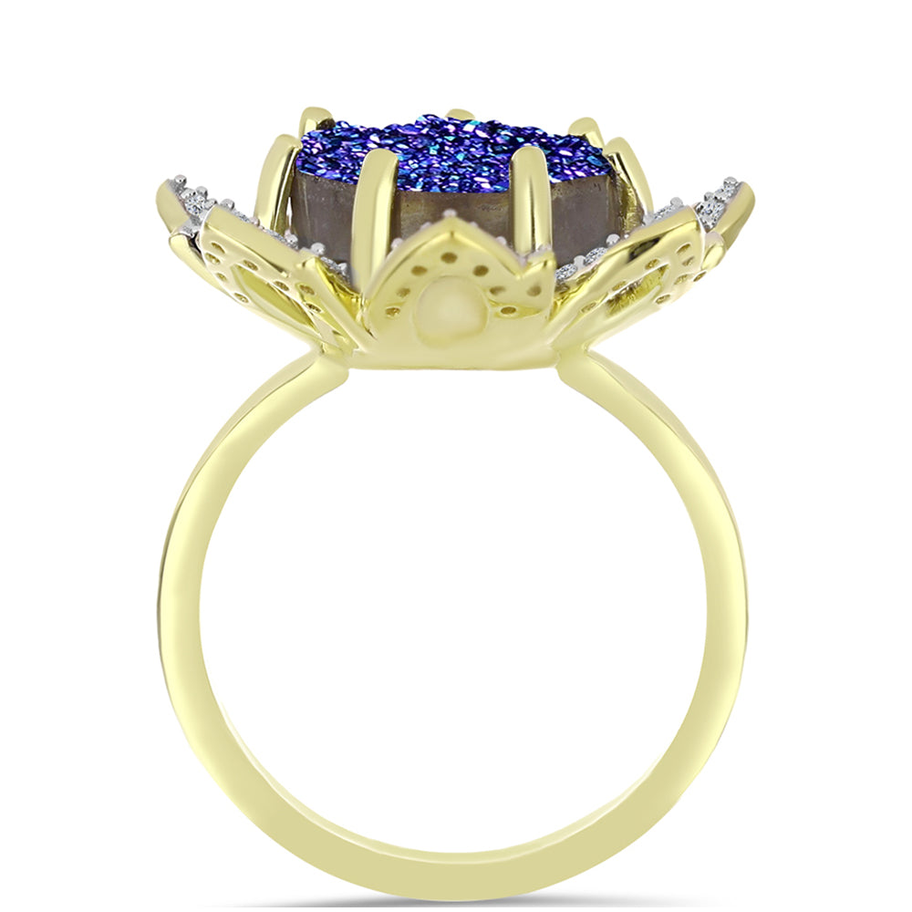 Inel din Argint 925 Placat cu Aur ( 5.56 grame ) cu Drusă Violet și Topaz Alb 6.04 Carate 2 