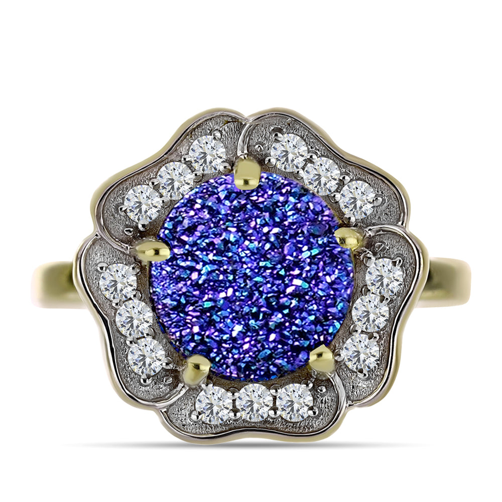 Inel din Argint 925 Placat cu Aur ( 4.1 grame ) cu Drusă Violet și Topaz Alb 3.94 Carate 1 