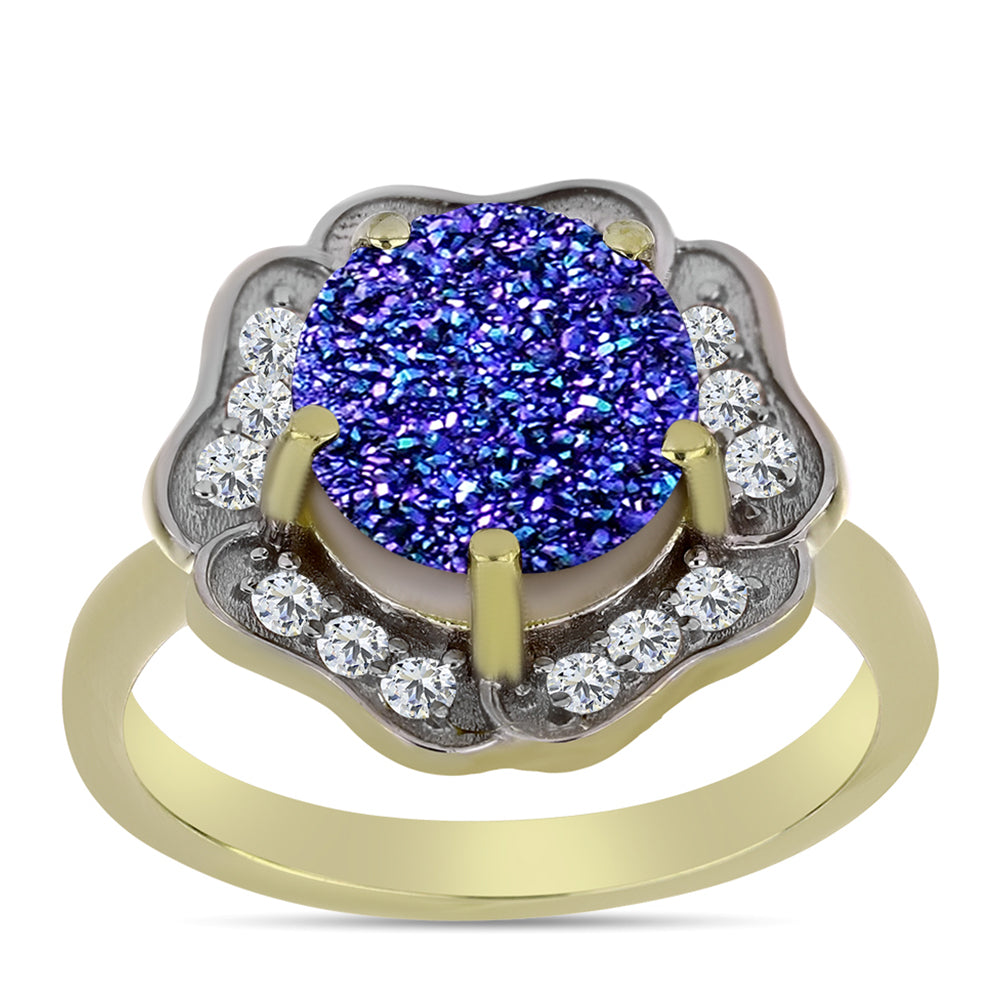 Inel din Argint 925 Placat cu Aur ( 4.1 grame ) cu Drusă Violet și Topaz Alb 3.94 Carate 3 