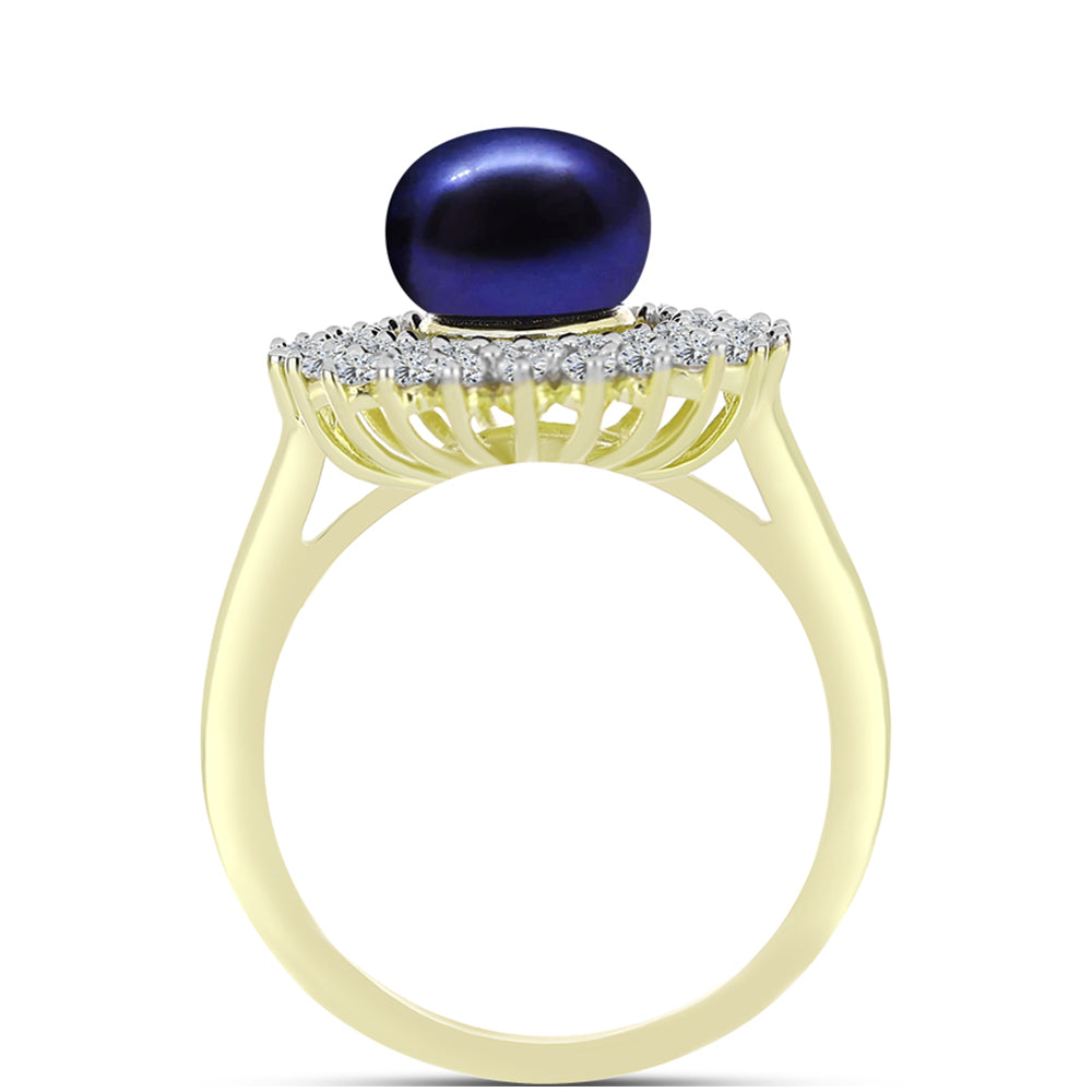 Inel din Argint 925 Placat cu Aur ( 3.63 grame ) cu Perlă de Cultură Neagră și Topaz Alb 3.78 Carate 6 