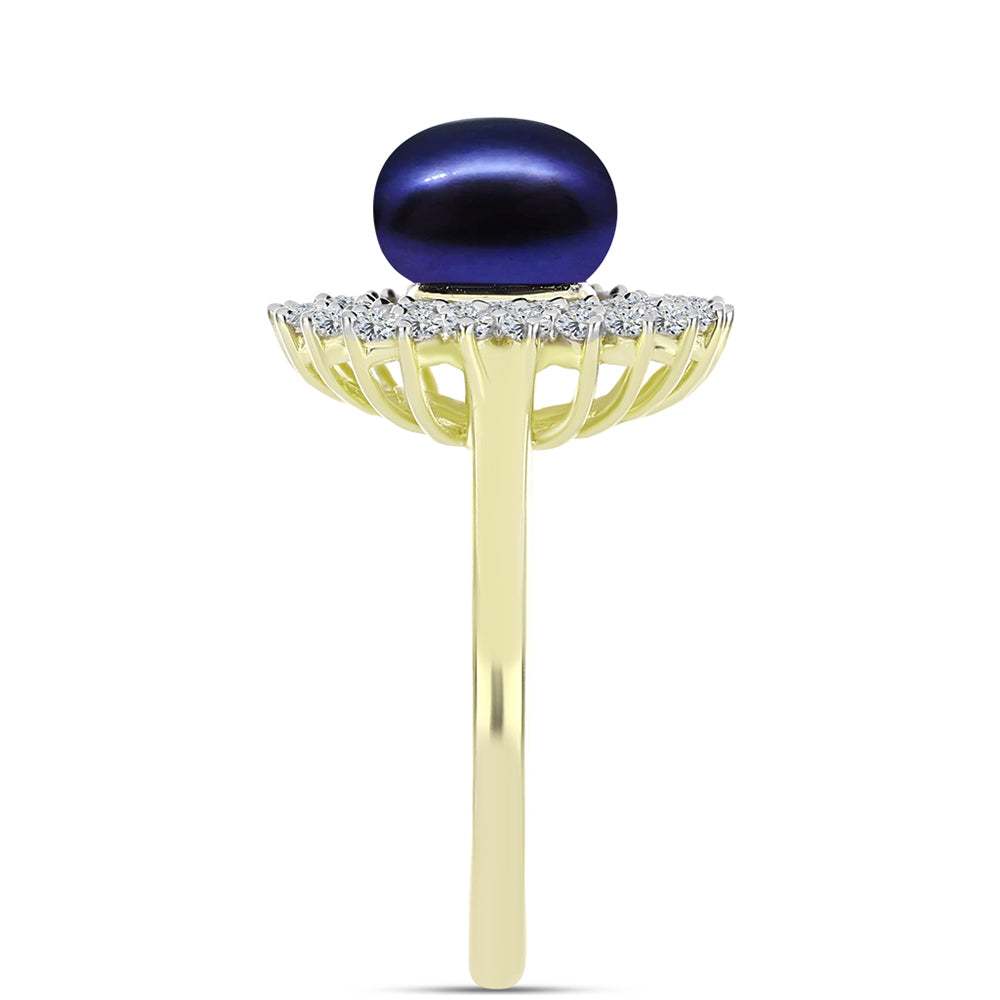 Inel din Argint 925 Placat cu Aur ( 3.63 grame ) cu Perlă de Cultură Neagră și Topaz Alb 3.78 Carate 4 