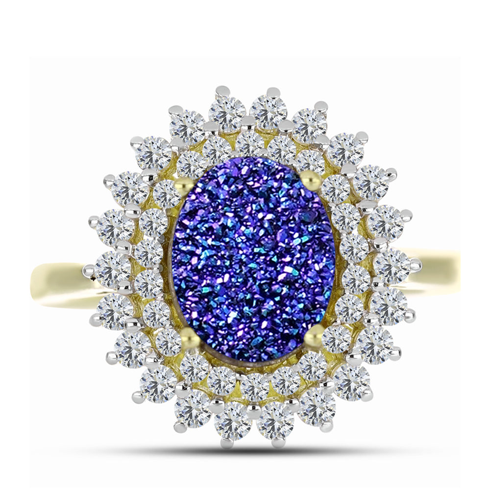 Inel din Argint 925 Placat cu Aur ( 3.57 grame ) cu Drusă Violet și Topaz Alb 3.7 Carate