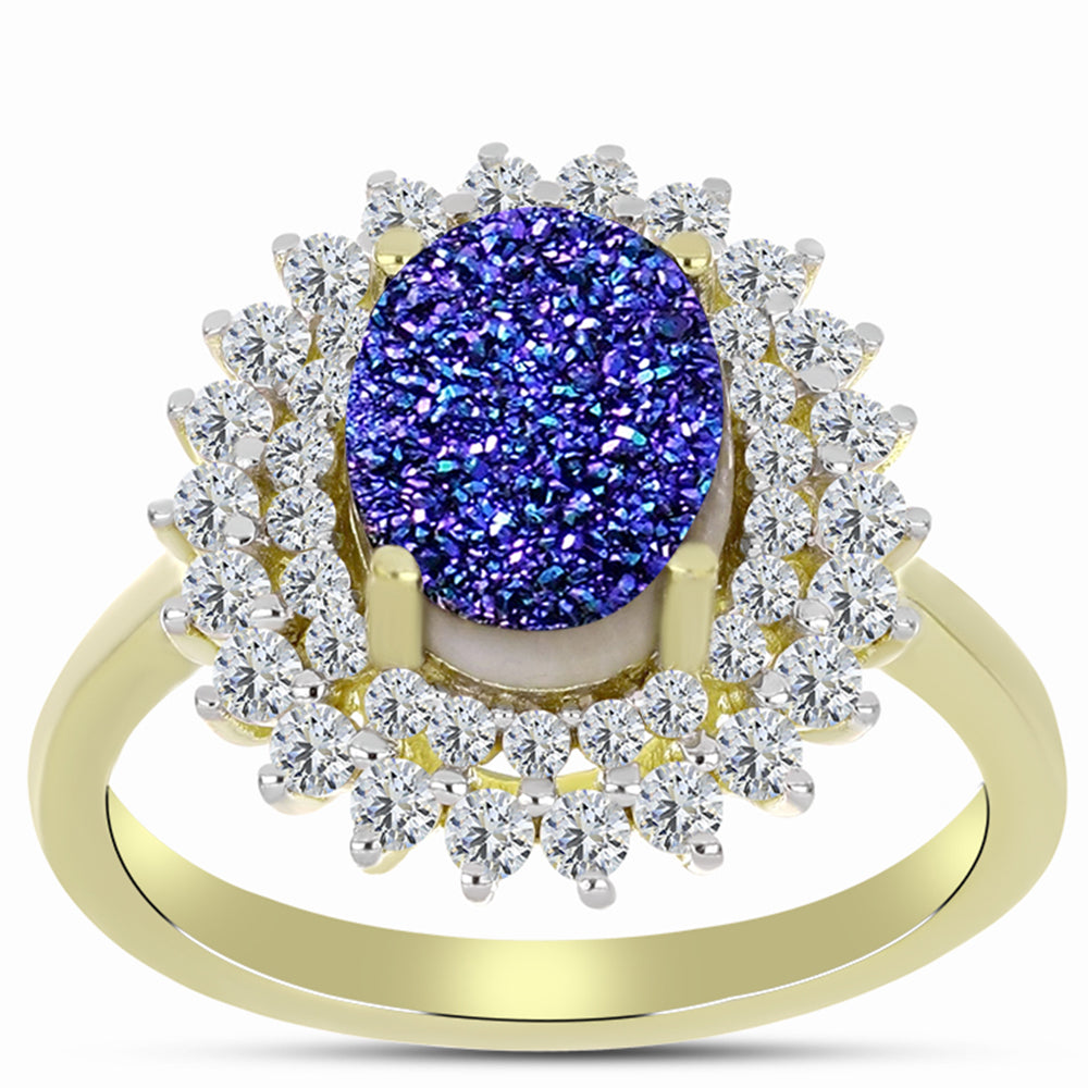 Inel din Argint 925 Placat cu Aur ( 3.57 grame ) cu Drusă Violet și Topaz Alb 3.7 Carate