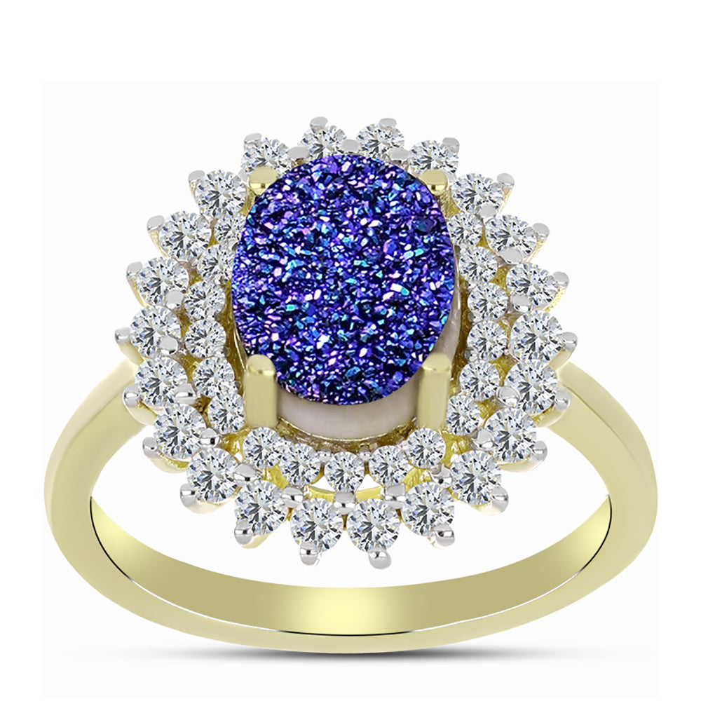 Inel din Argint 925 Placat cu Aur ( 3.57 grame ) cu Drusă Violet și Topaz Alb 3.7 Carate 7 