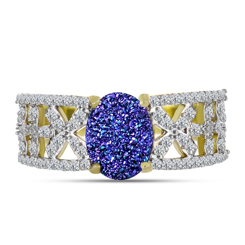 Inel din Argint 925 Placat cu Aur ( 4.49 grame ) cu Drusă Violet și Topaz Alb 2.3 Carate