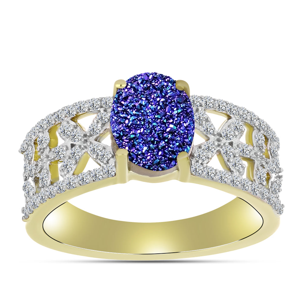 Inel din Argint 925 Placat cu Aur ( 4.49 grame ) cu Drusă Violet și Topaz Alb 2.3 Carate 3 