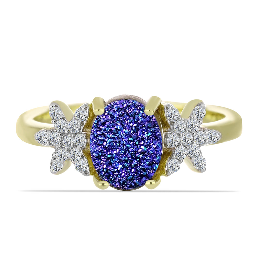 Inel din Argint 925 Placat cu Aur ( 3.15 grame ) cu Drusă Violet și Topaz Alb 1.99 Carate