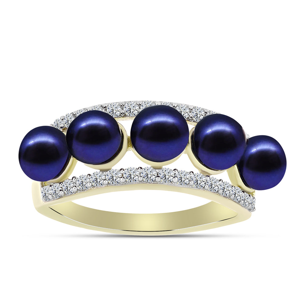Inel din Argint 925 Placat cu Aur ( 3.38 grame ) cu Perlă de Cultură Neagră și Topaz Alb 5.33 Carate