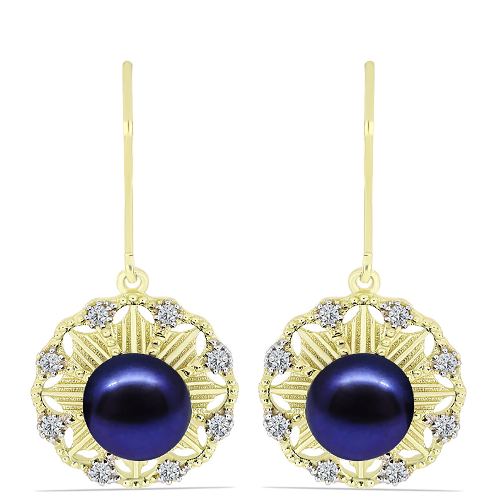 Cercei din Argint 925 Placat cu Aur ( 3.82 grame ) cu Perlă de Cultură Neagră și Topaz Alb 6.43 Carate 1 