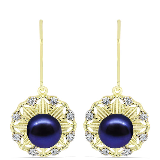 Cercei din Argint 925 Placat cu Aur ( 3.82 grame ) cu Perlă de Cultură Neagră și Topaz Alb 6.43 Carate