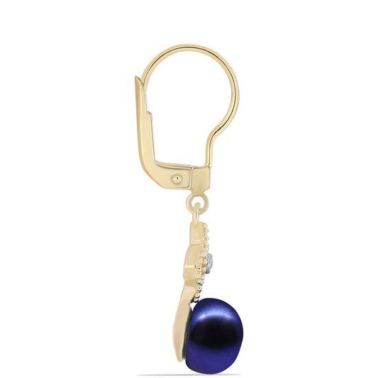 Cercei din Argint 925 Placat cu Aur ( 2.33 grame ) cu Perlă de Cultură Neagră și Topaz Alb 6.07 Carate