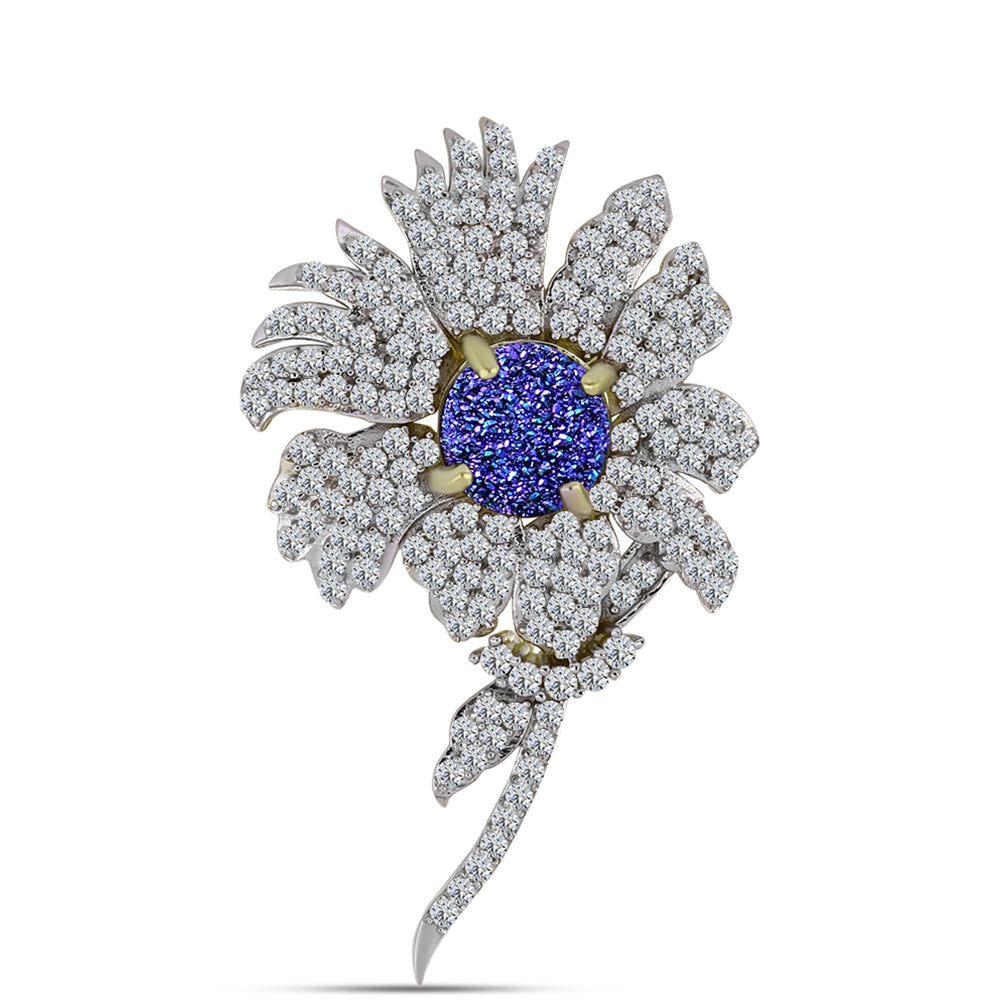 Broşă din Argint 925 Placat cu Aur ( 4.7 grame ) cu Drusă Violet și Topaz Alb 3.43 Carate 1 