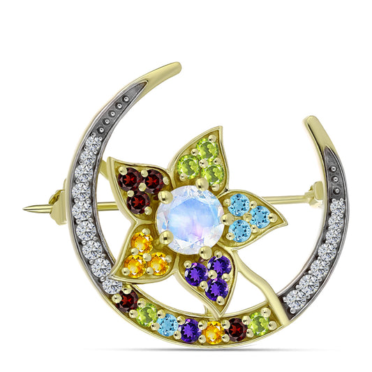Broşă din Argint 925 Placat cu Aur ( 3.97 grame ) cu Piatra Lunii Curcubeu și Ametist Marocan 2.03 Carate