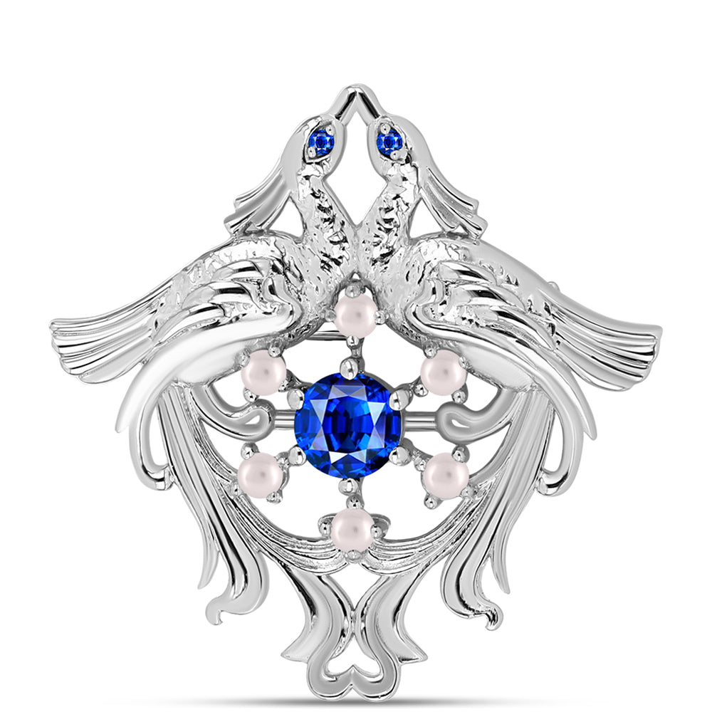 Broşă din Argint 925 ( 5.92 grame ) cu Safir Albastru Australian și Perlă de Apă Dulce Albă 0.99 Carate 3 