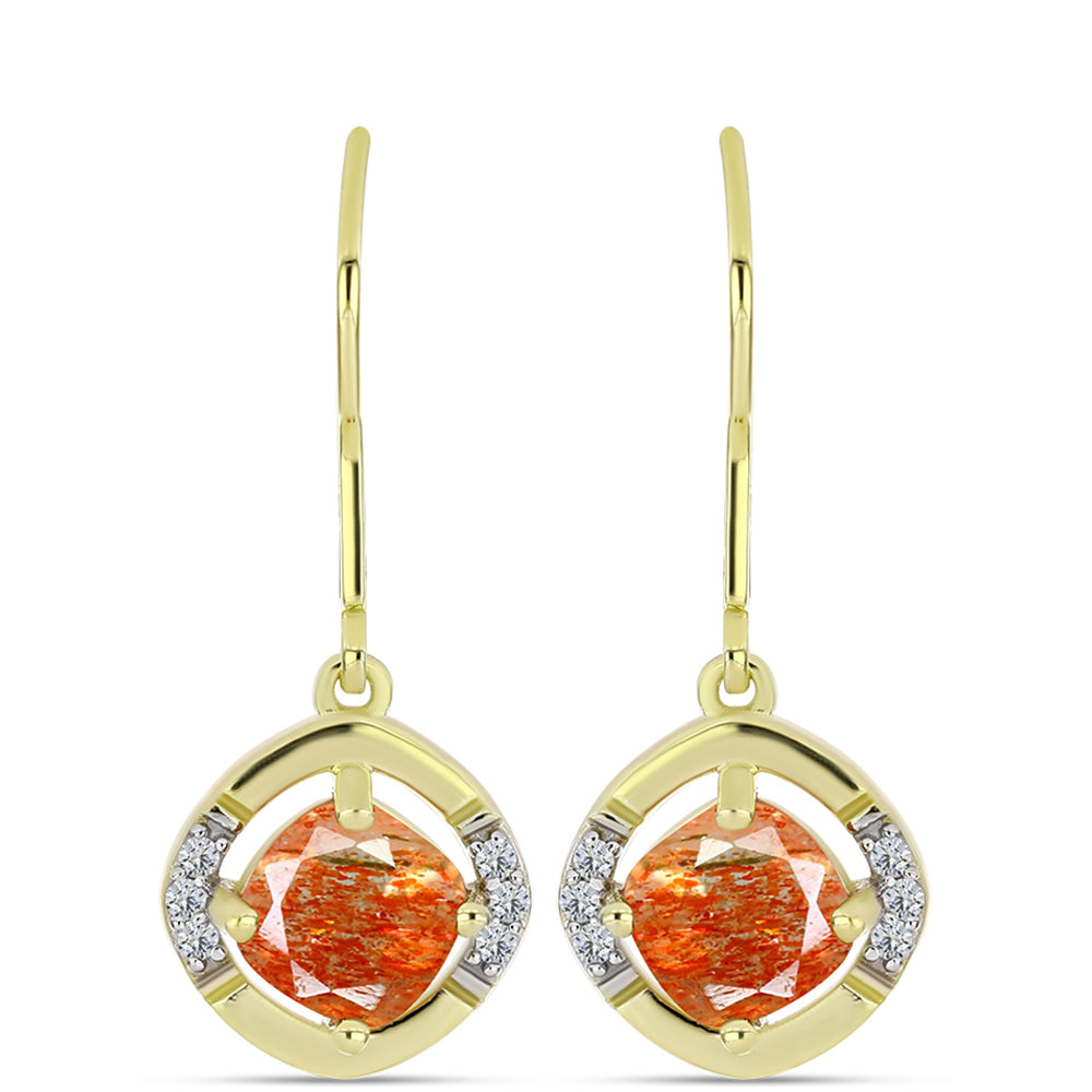 Cercei din Argint 925 Placat cu Aur ( 2.42 grame ) cu Piatra Soarelui Oregon și Topaz Alb 1.93 Carate 3 