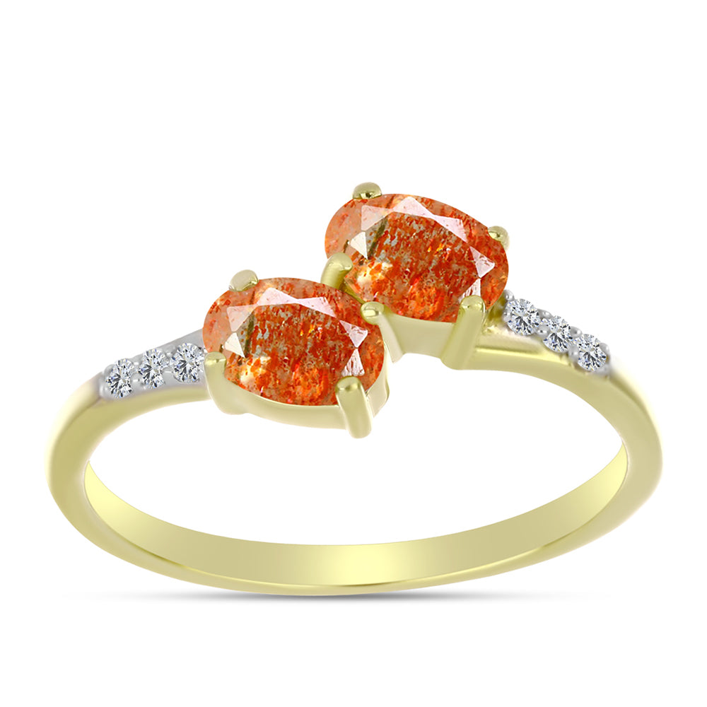 Inel din Argint 925 Placat cu Aur ( 1.7 grame ) cu Piatra Soarelui Oregon și Topaz Alb 0.92 Carate 3 