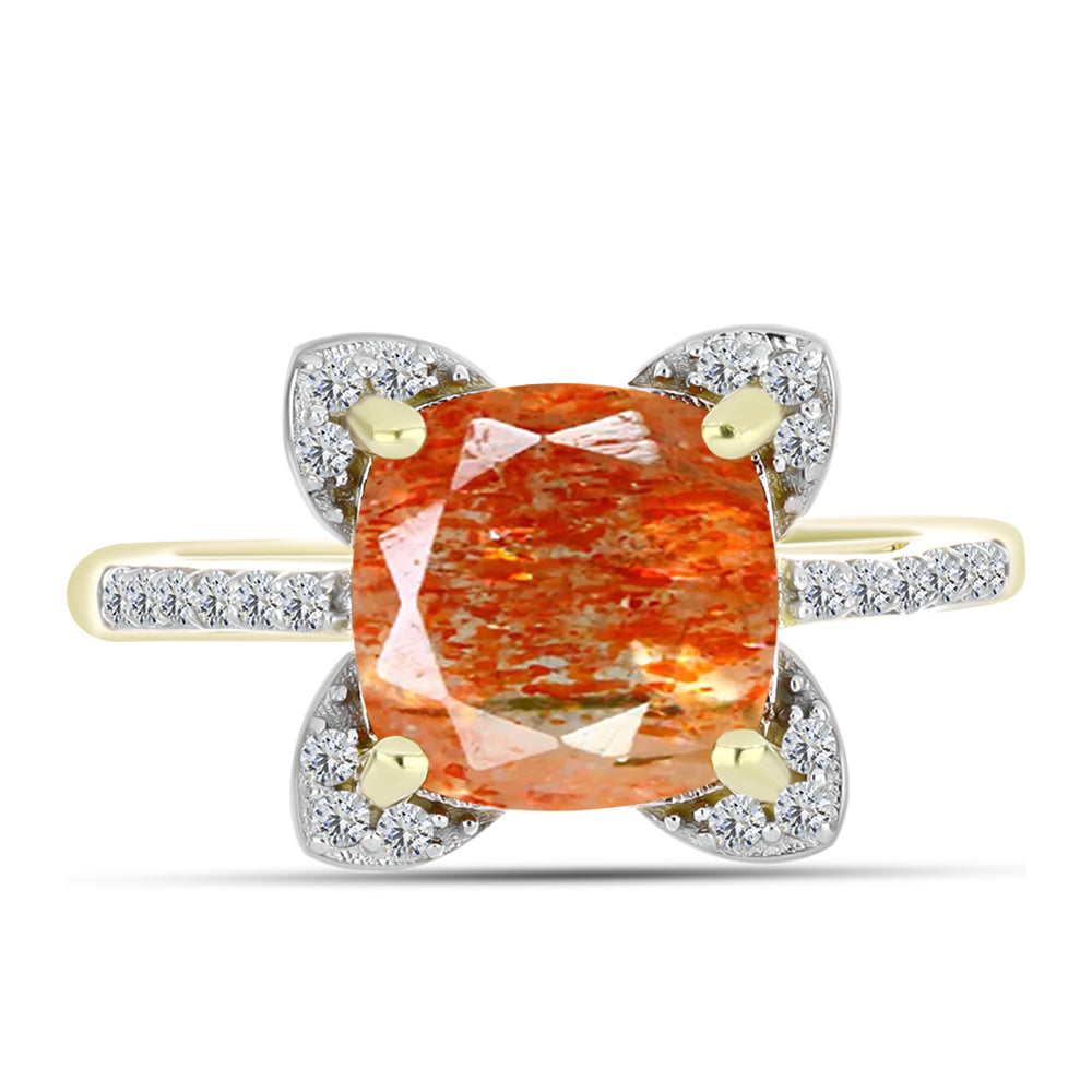 Inel din Argint 925 Placat cu Aur ( 2.89 grame ) cu Piatra Soarelui Oregon și Topaz Alb 2.64 Carate 1 
