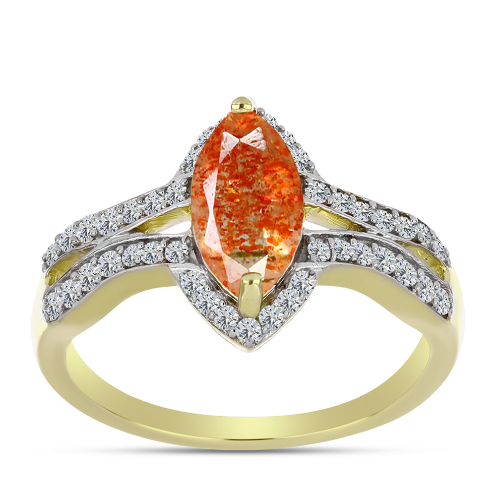 Inel din Argint 925 Placat cu Aur ( 3.58 grame ) cu Piatra Soarelui Oregon și Topaz Alb 1.96 Carate