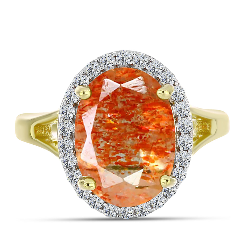 Inel din Argint 925 Placat cu Aur ( 3.49 grame ) cu Piatra Soarelui Oregon și Topaz Alb 4.42 Carate 5 