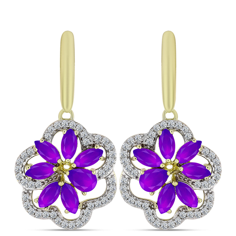 Cercei din Argint 925 Placat cu Aur ( 7.37 grame ) cu Agat Violet și Topaz Alb 4.44 Carate
