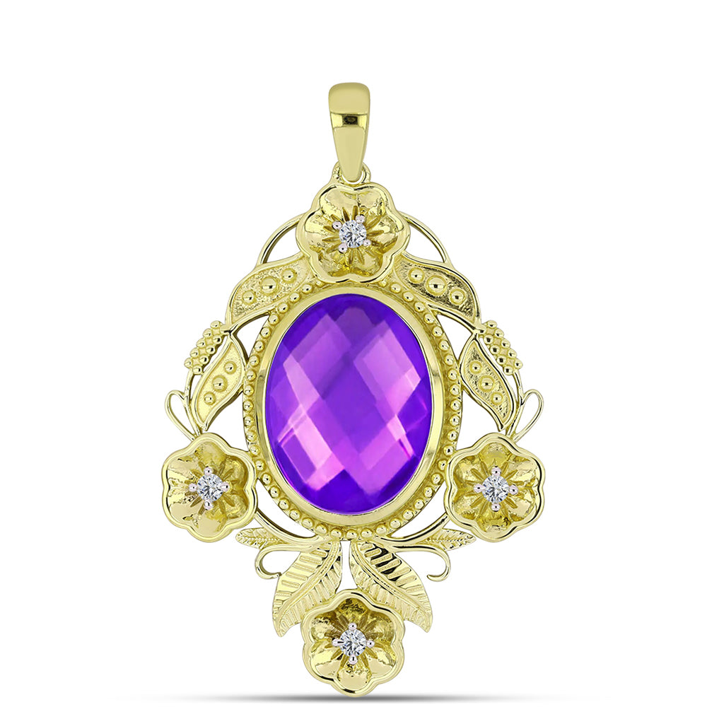Pandantiv din Argint 925 Placat cu Aur ( 7.32 grame ) cu Agat Violet și Topaz Alb 7.54 Carate 1 