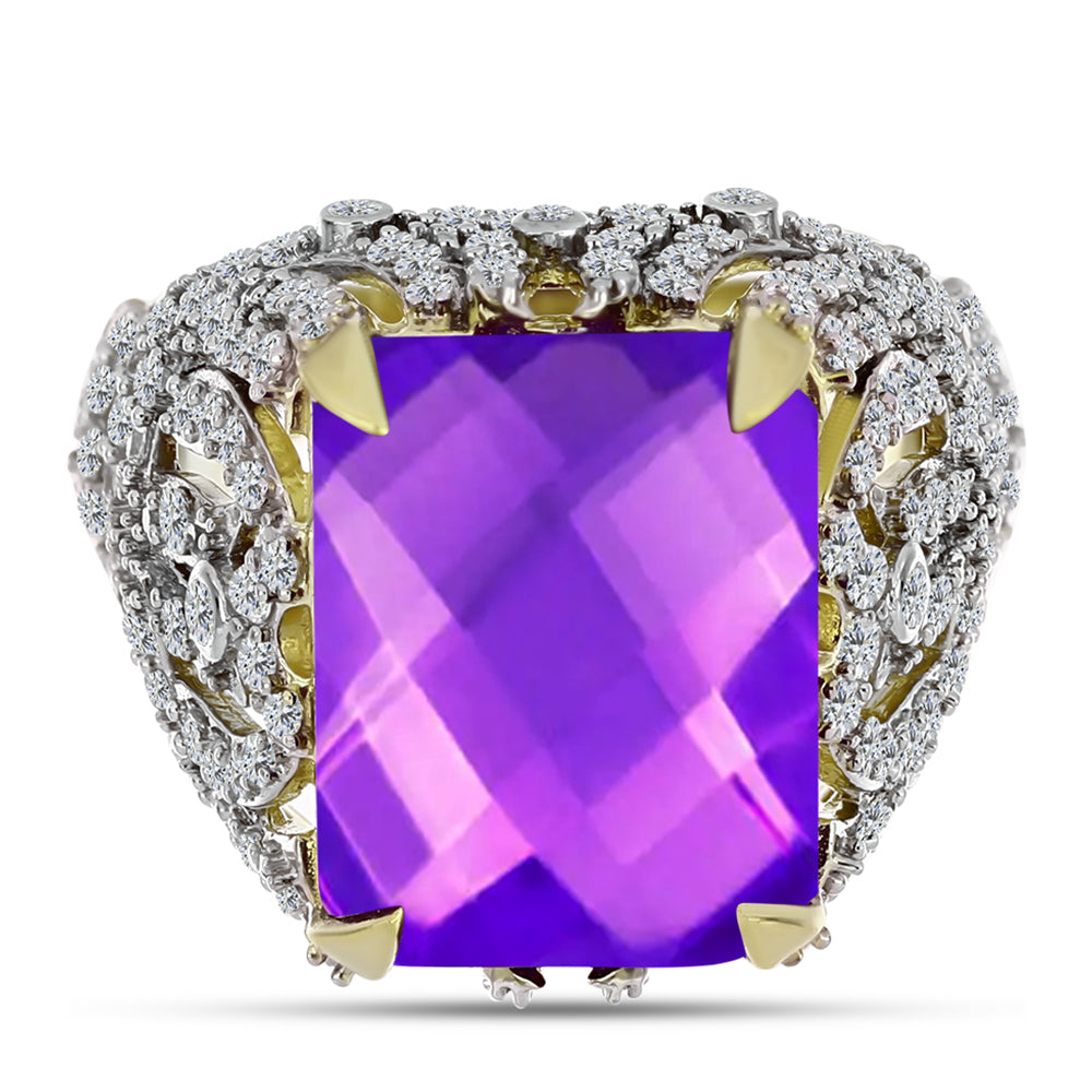 Inel din Argint 925 Placat cu Aur ( 7.11 grame ) cu Agat Violet și Topaz Alb 11.53 Carate