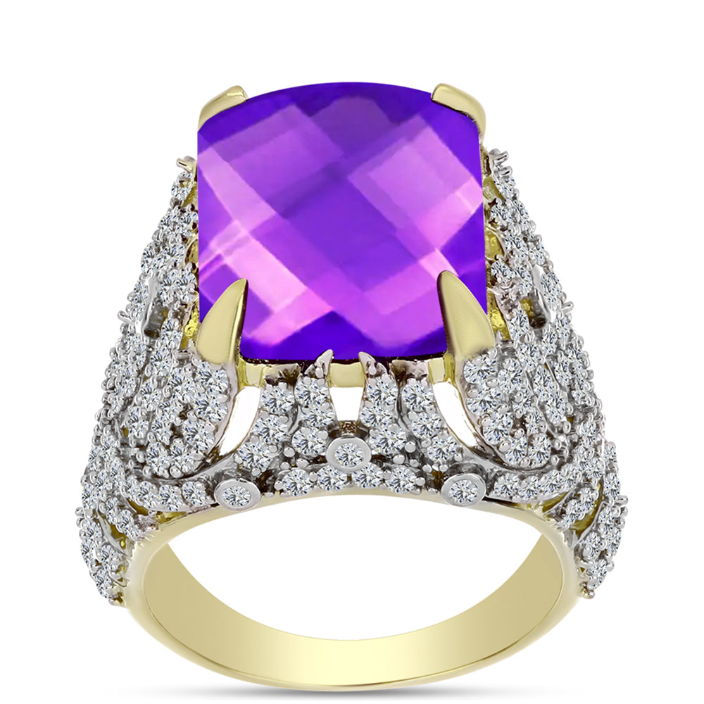 Inel din Argint 925 Placat cu Aur ( 7.11 grame ) cu Agat Violet și Topaz Alb 11.53 Carate 3 