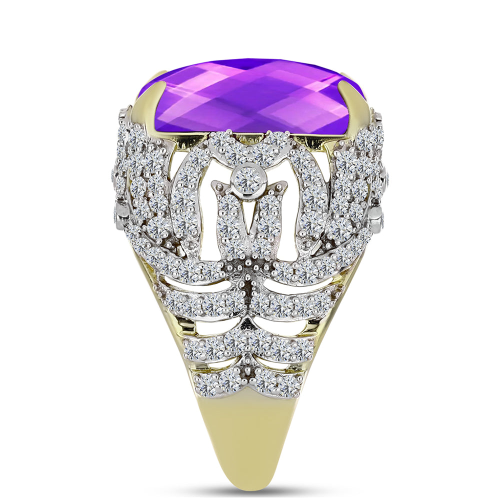 Inel din Argint 925 Placat cu Aur ( 7.11 grame ) cu Agat Violet și Topaz Alb 11.53 Carate 4 