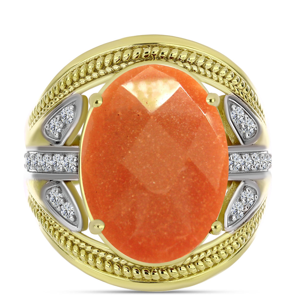 Inel din Argint 925 Placat cu Aur ( 7.53 grame ) cu Piatra Soarelui Oregon și Topaz Alb 11.03 Carate