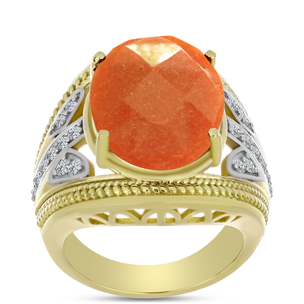 Inel din Argint 925 Placat cu Aur ( 7.53 grame ) cu Piatra Soarelui Oregon și Topaz Alb 11.03 Carate