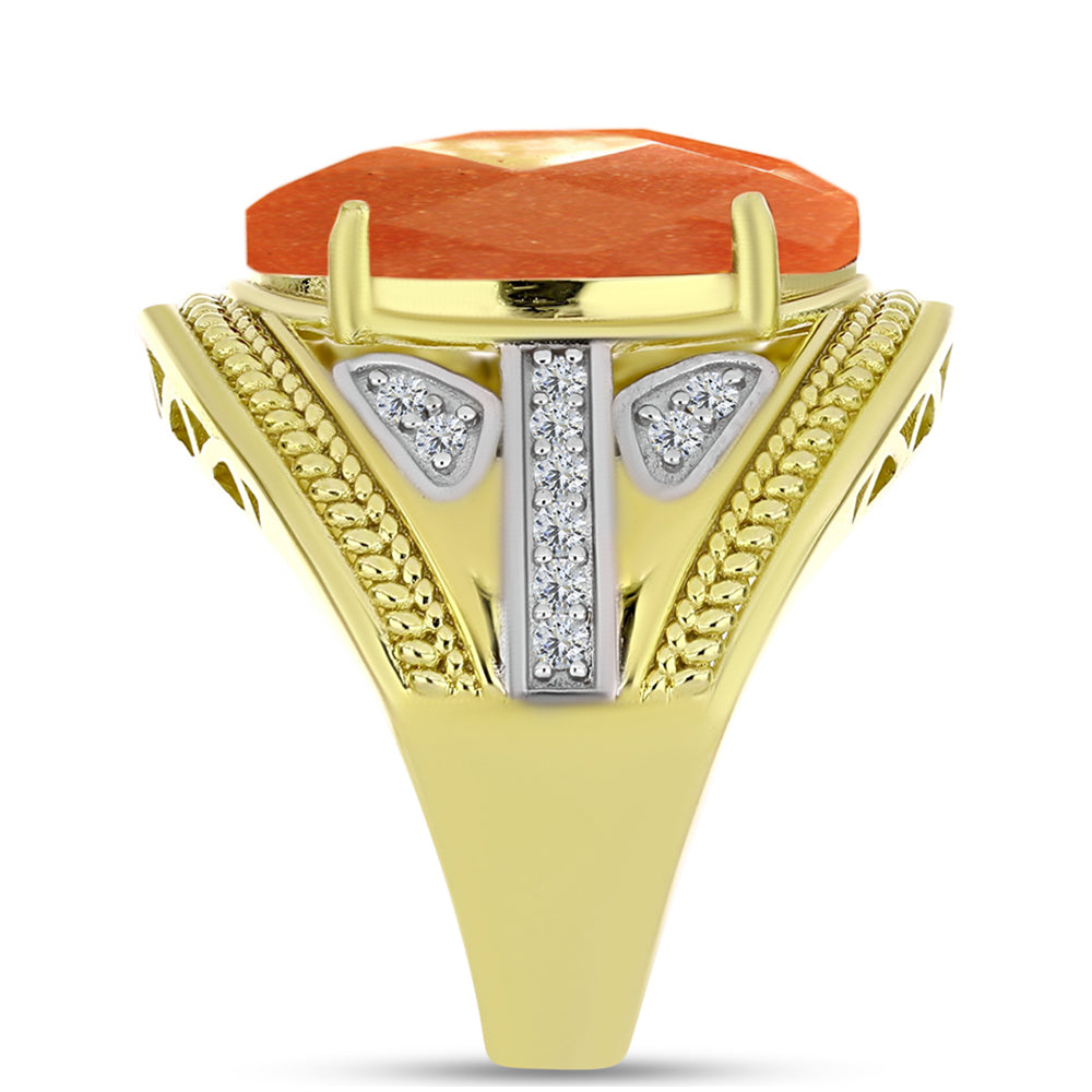 Inel din Argint 925 Placat cu Aur ( 7.53 grame ) cu Piatra Soarelui Oregon și Topaz Alb 11.03 Carate