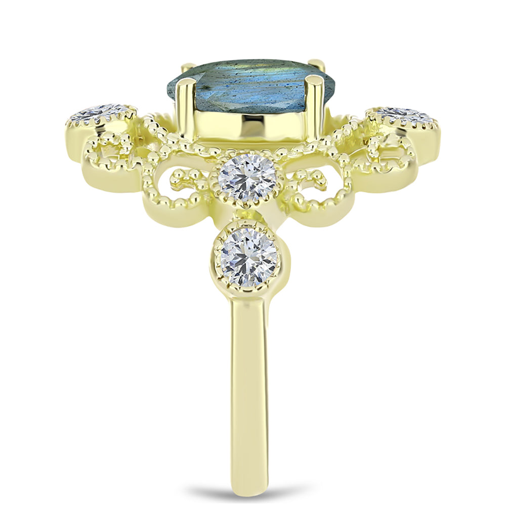 Inel din Argint 925 Placat cu Aur ( 3.65 grame ) cu Labradorit și Topaz Alb 2.9 Carate 4 