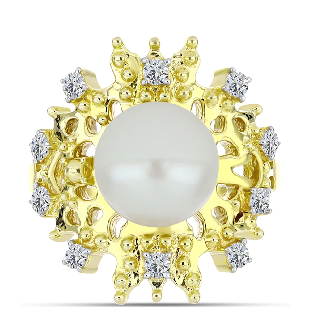 Inel din Argint 925 Placat cu Aur ( 5.96 grame ) cu Perlă de Apă Dulce Albă și Topaz Alb 5.37 Carate 1 