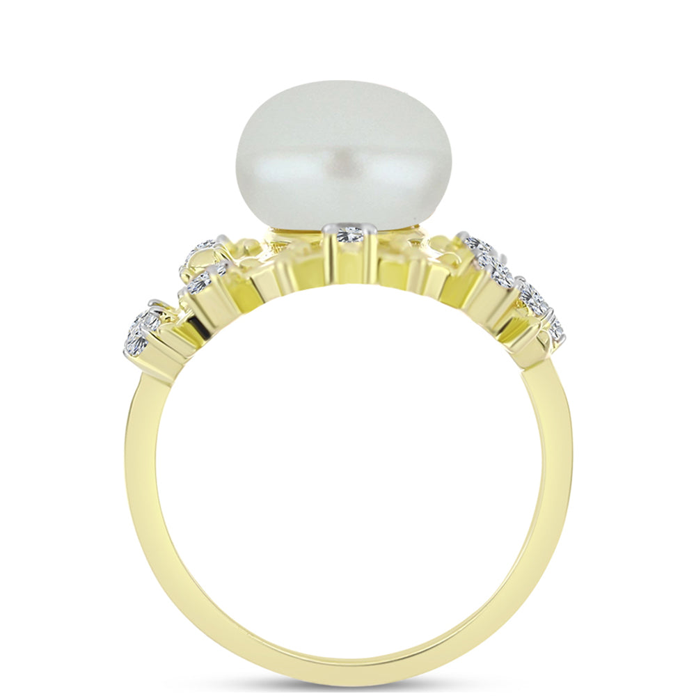 Inel din Argint 925 Placat cu Aur ( 5.96 grame ) cu Perlă de Apă Dulce Albă și Topaz Alb 5.37 Carate