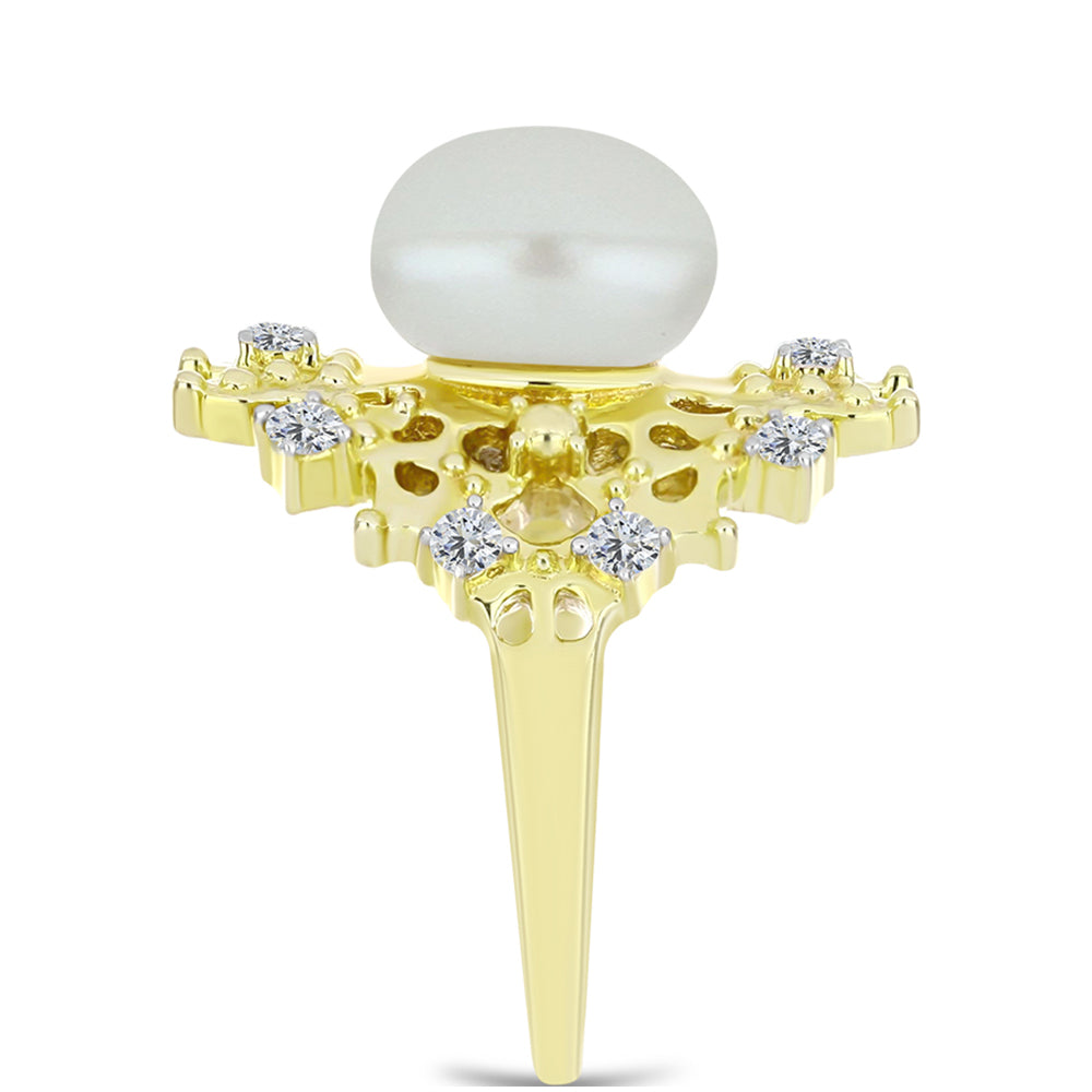 Inel din Argint 925 Placat cu Aur ( 5.96 grame ) cu Perlă de Apă Dulce Albă și Topaz Alb 5.37 Carate 4 