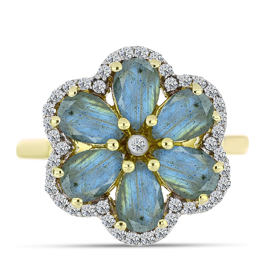 Inel din Argint 925 Placat cu Aur ( 3.35 grame ) cu Labradorit și Topaz Alb 2.9 Carate