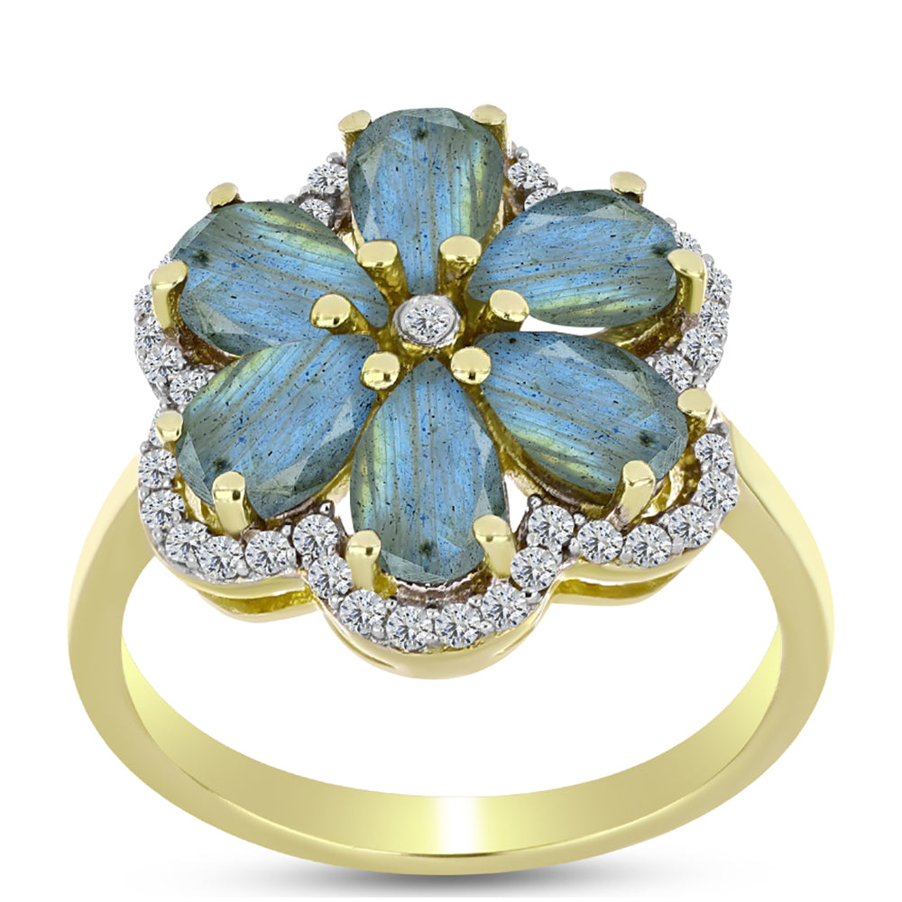 Inel din Argint 925 Placat cu Aur ( 3.35 grame ) cu Labradorit și Topaz Alb 2.9 Carate