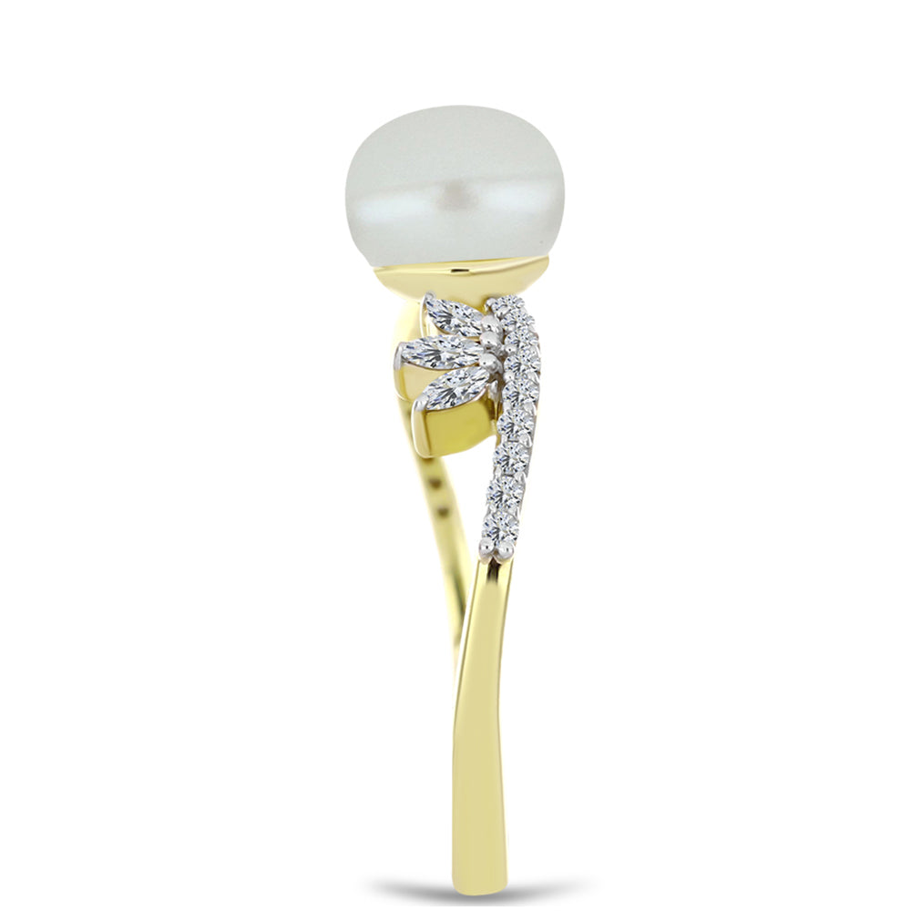 Inel din Argint 925 Placat cu Aur ( 2.23 grame ) cu Perlă de Apă Dulce Albă și Zircon Alb 3.33 Carate 4 