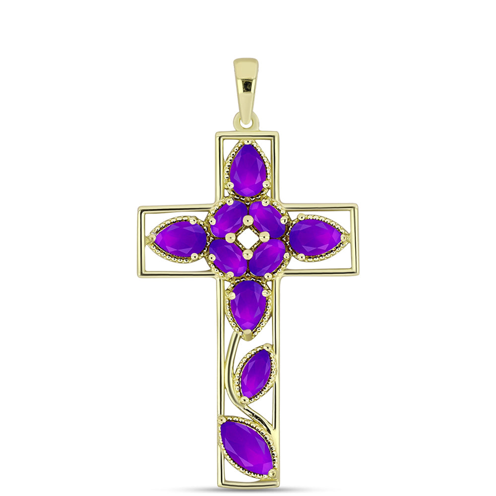 Cruce Pandantiv din Argint 925 Placat cu Aur ( 3.42 grame ) cu Agat Violet 3.05 Carate
