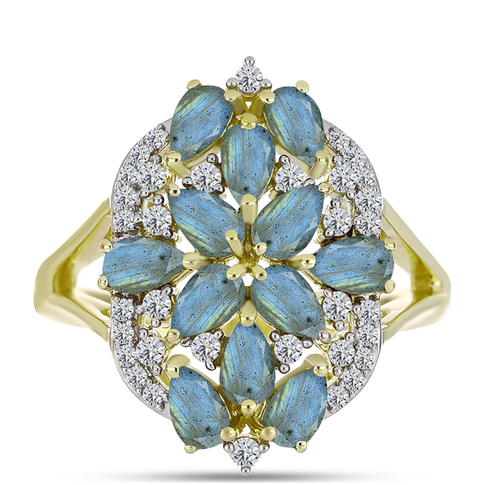 Inel din Argint 925 Placat cu Aur ( 4.31 grame ) cu Labradorit și Topaz Alb 2.96 Carate