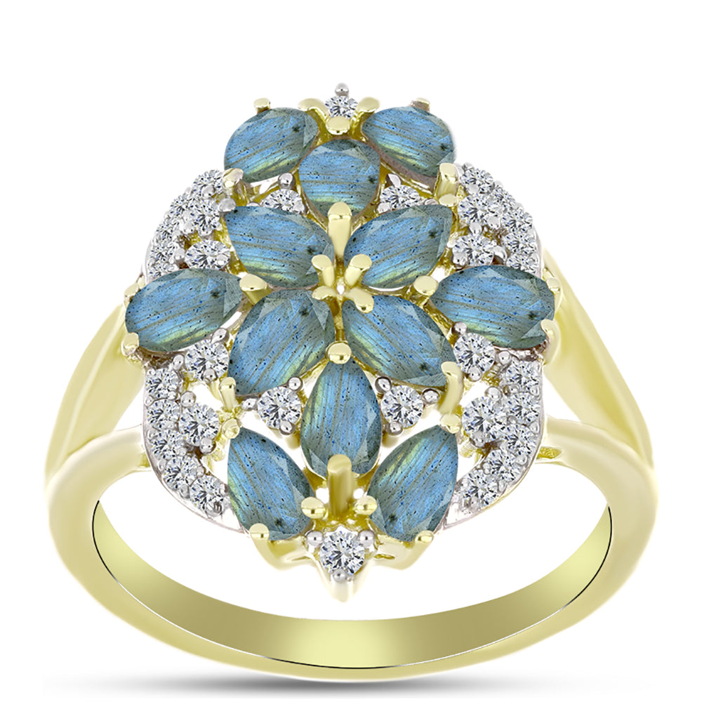 Inel din Argint 925 Placat cu Aur ( 4.31 grame ) cu Labradorit și Topaz Alb 2.96 Carate 3 