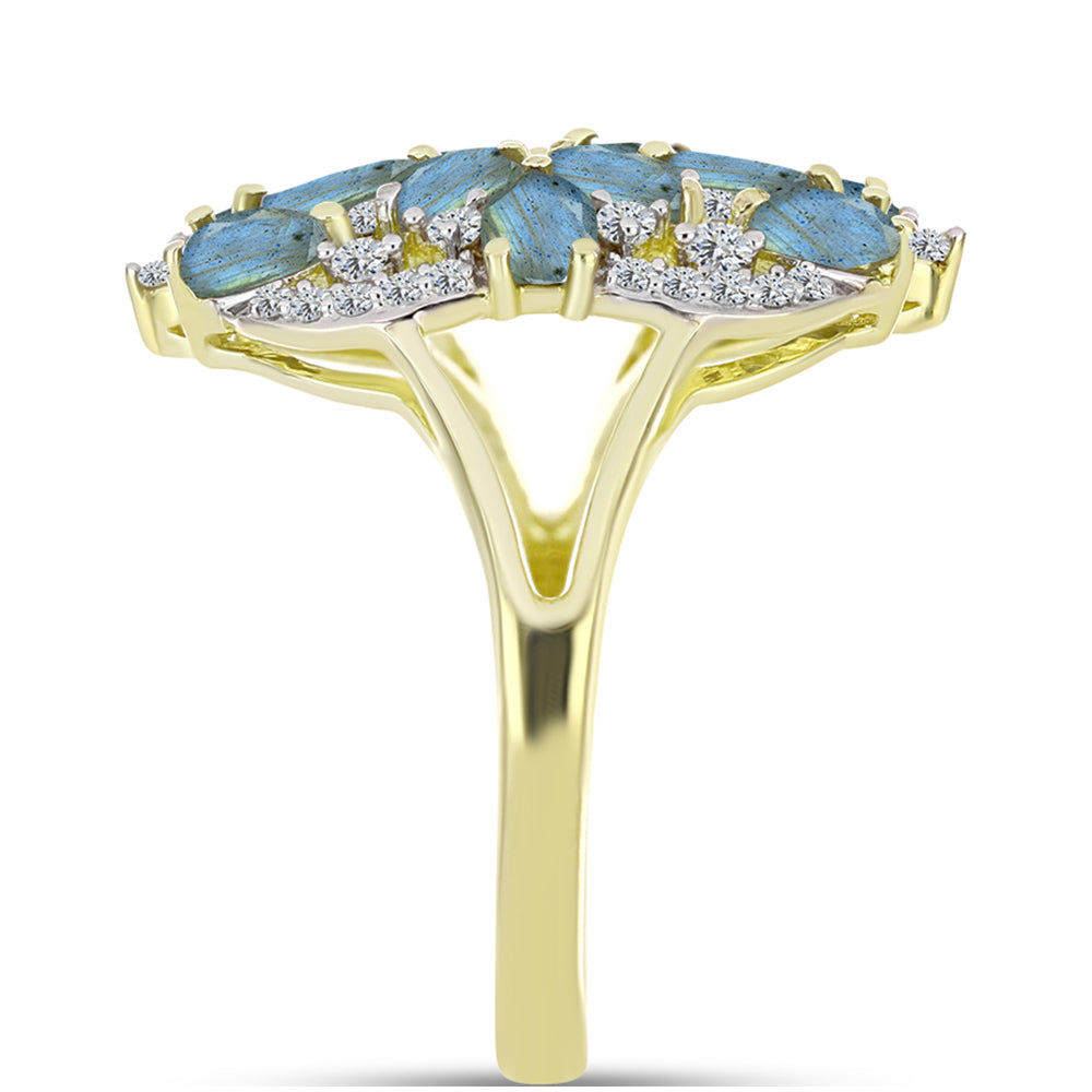 Inel din Argint 925 Placat cu Aur ( 4.31 grame ) cu Labradorit și Topaz Alb 2.96 Carate 4 