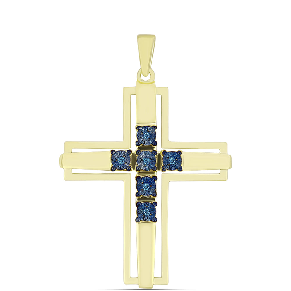 Cruce Pandantiv din Argint 925 Placat cu Aur ( 3.78 grame ) cu Diamant Albastru 0.04 Carate 1 