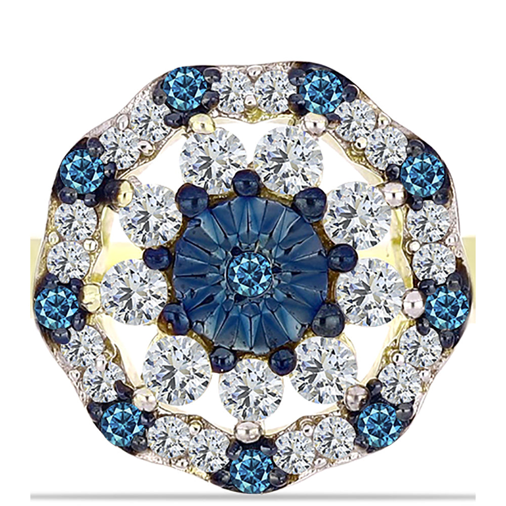 Inel din Argint 925 Placat cu Aur ( 3.17 grame ) cu Diamant Albastru și Topaz Alb 0.48 Carate 5 