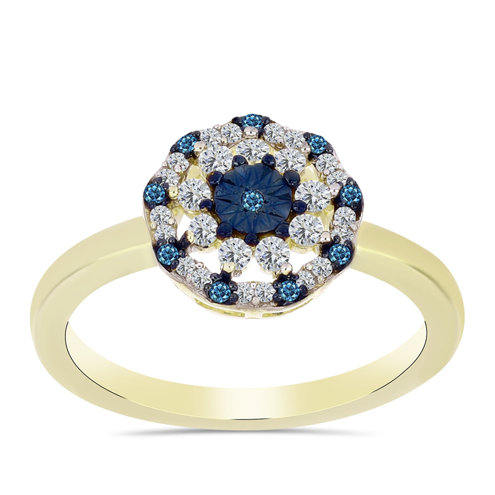 Inel din Argint 925 Placat cu Aur ( 3.17 grame ) cu Diamant Albastru și Topaz Alb 0.48 Carate