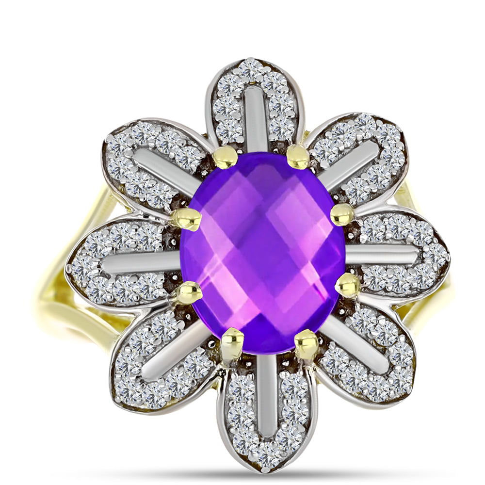 Inel din Argint 925 Placat cu Aur ( 4.66 grame ) cu Agat Violet și Topaz Alb 2.72 Carate 1 