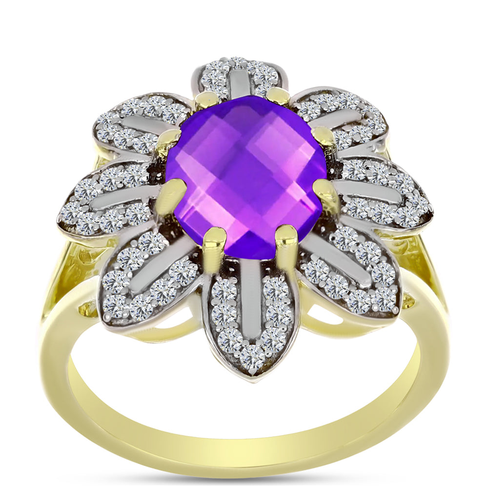 Inel din Argint 925 Placat cu Aur ( 4.66 grame ) cu Agat Violet și Topaz Alb 2.72 Carate 3 