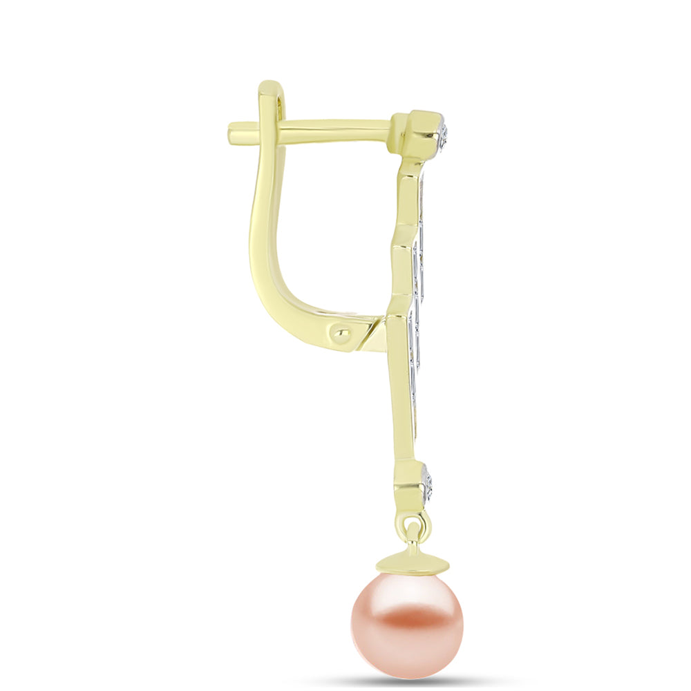 Cercei din Argint 925 Placat cu Aur ( 3.93 grame ) cu Perlă de Apă Dulce Piersică și Zircon Alb 6.23 Carate 2 