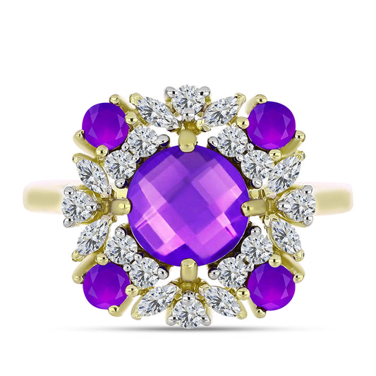 Inel din Argint 925 Placat cu Aur ( 3.38 grame ) cu Agat Violet și Topaz Alb 2.8 Carate